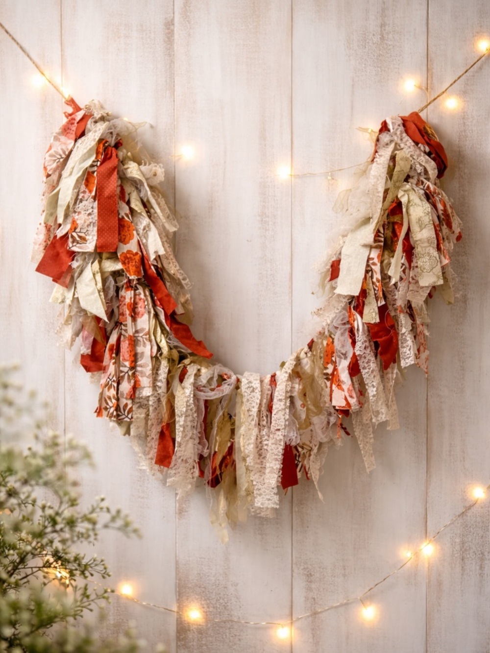 Rust & Cream Fabric Rag Garland - Home Holiday Decoration